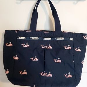 Vintage Navy and Pink Small LeSportsac Bag with Whales, Made in USA